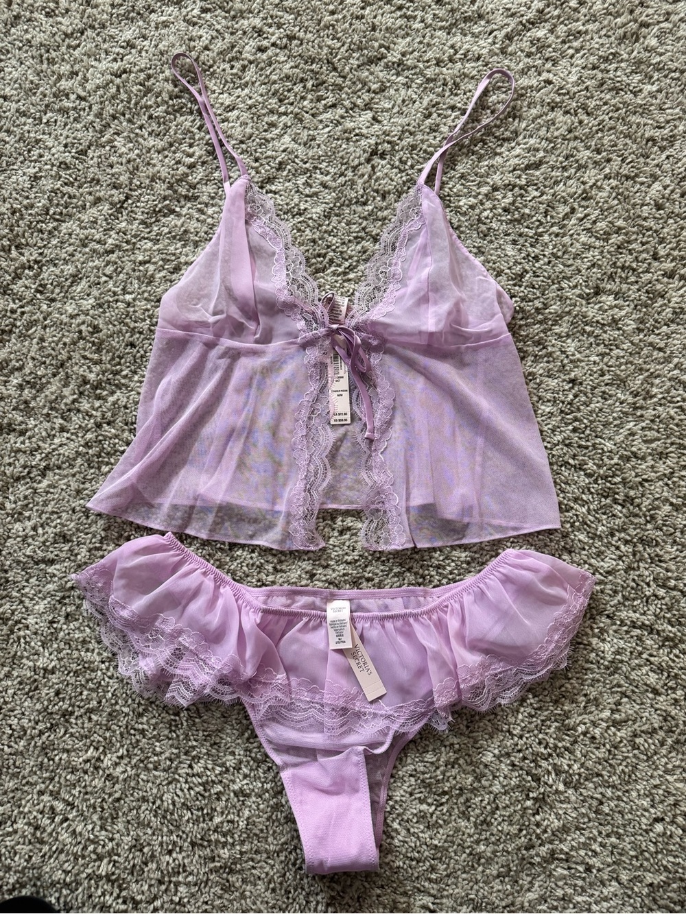 Victoria's Secret Lavender Sheer Lace Camisole & Ruffle Thong Set